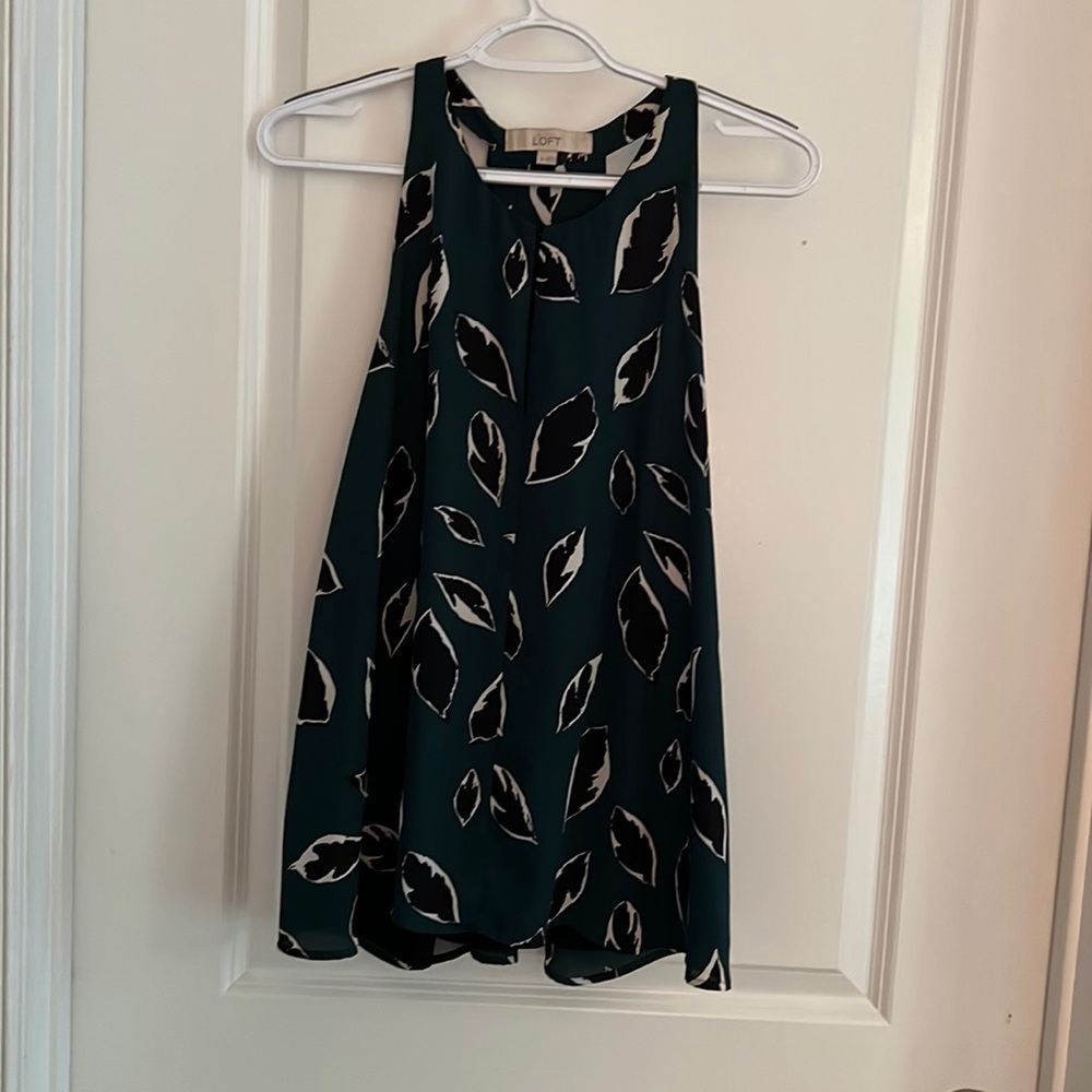LOFT size M chiffon dark green flowy top with black leaf pattern